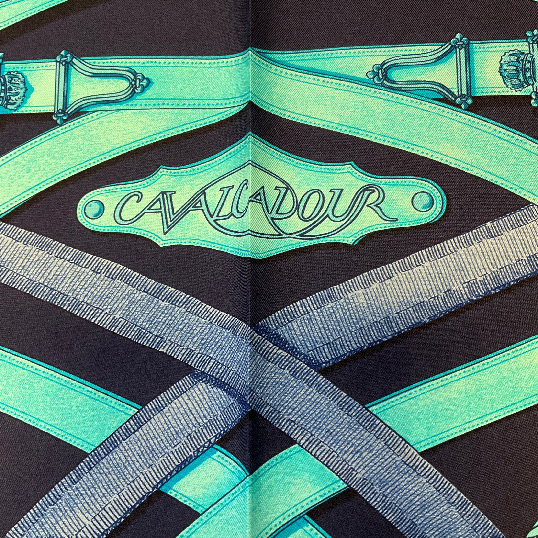 Hermes Navy Blue / Turquoise Cavalcadour Print Square Silk Twill Scarf