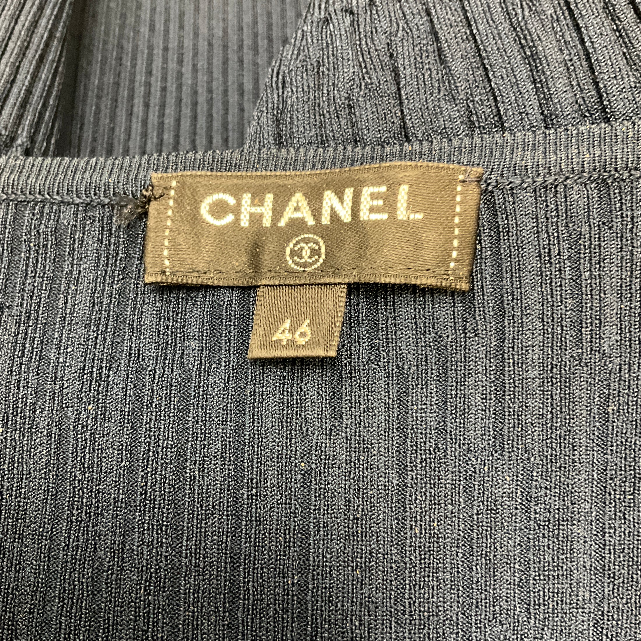 Chanel Navy Blue Button Detail Long Sleeved Ribbed Knit Top