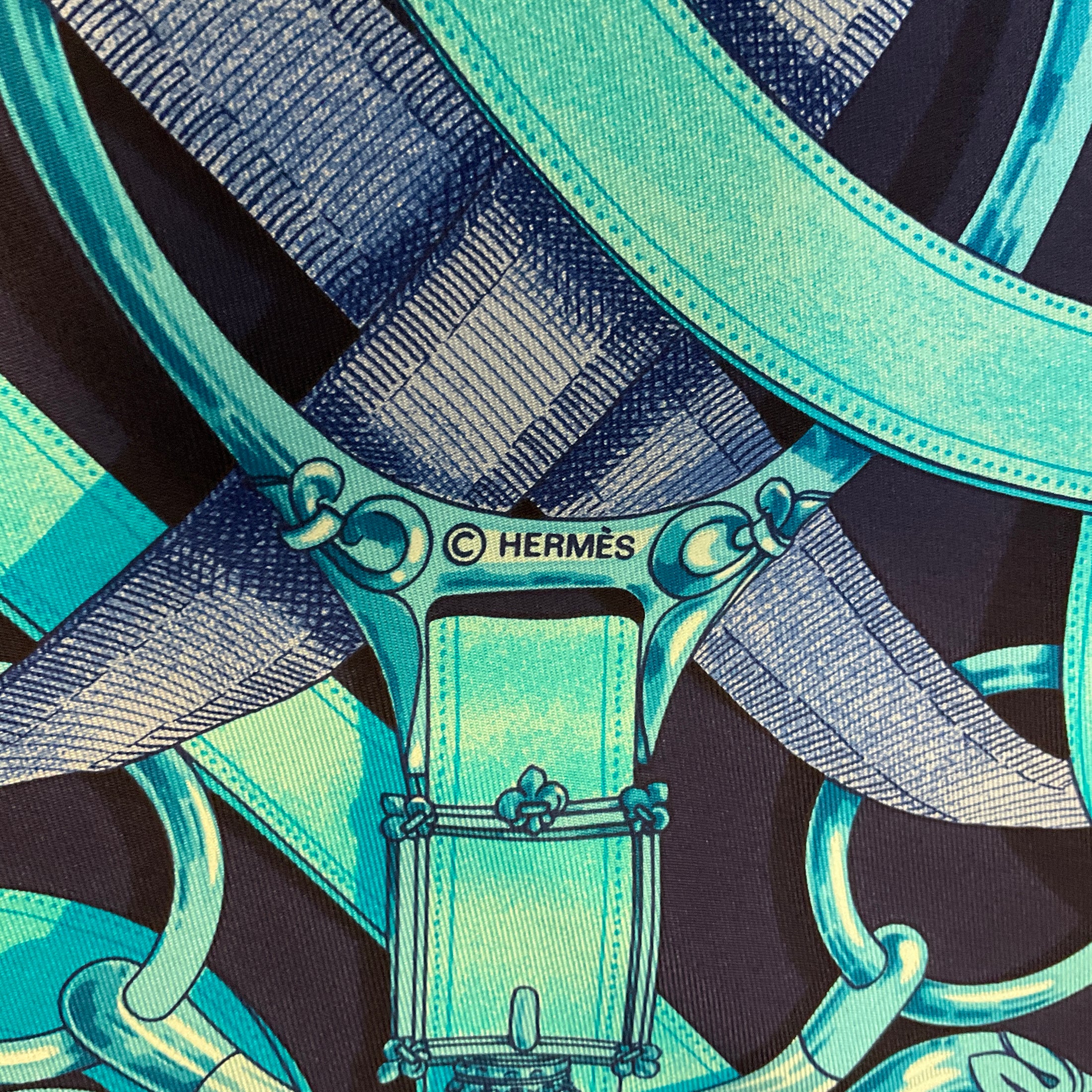 Hermes Navy Blue / Turquoise Cavalcadour Print Square Silk Twill Scarf
