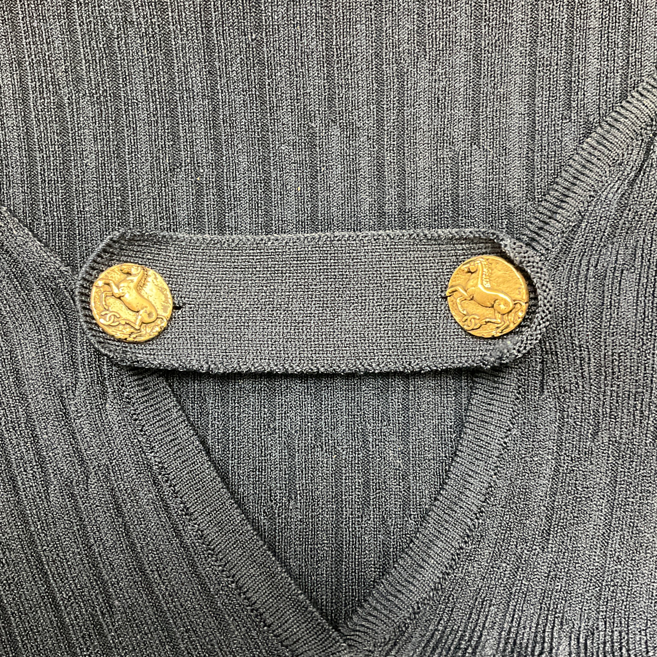 Chanel Navy Blue Button Detail Long Sleeved Ribbed Knit Top