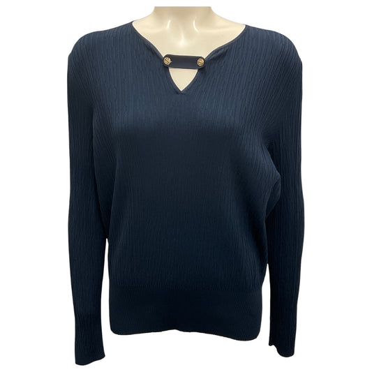 Chanel Navy Blue Button Detail Long Sleeved Ribbed Knit Top