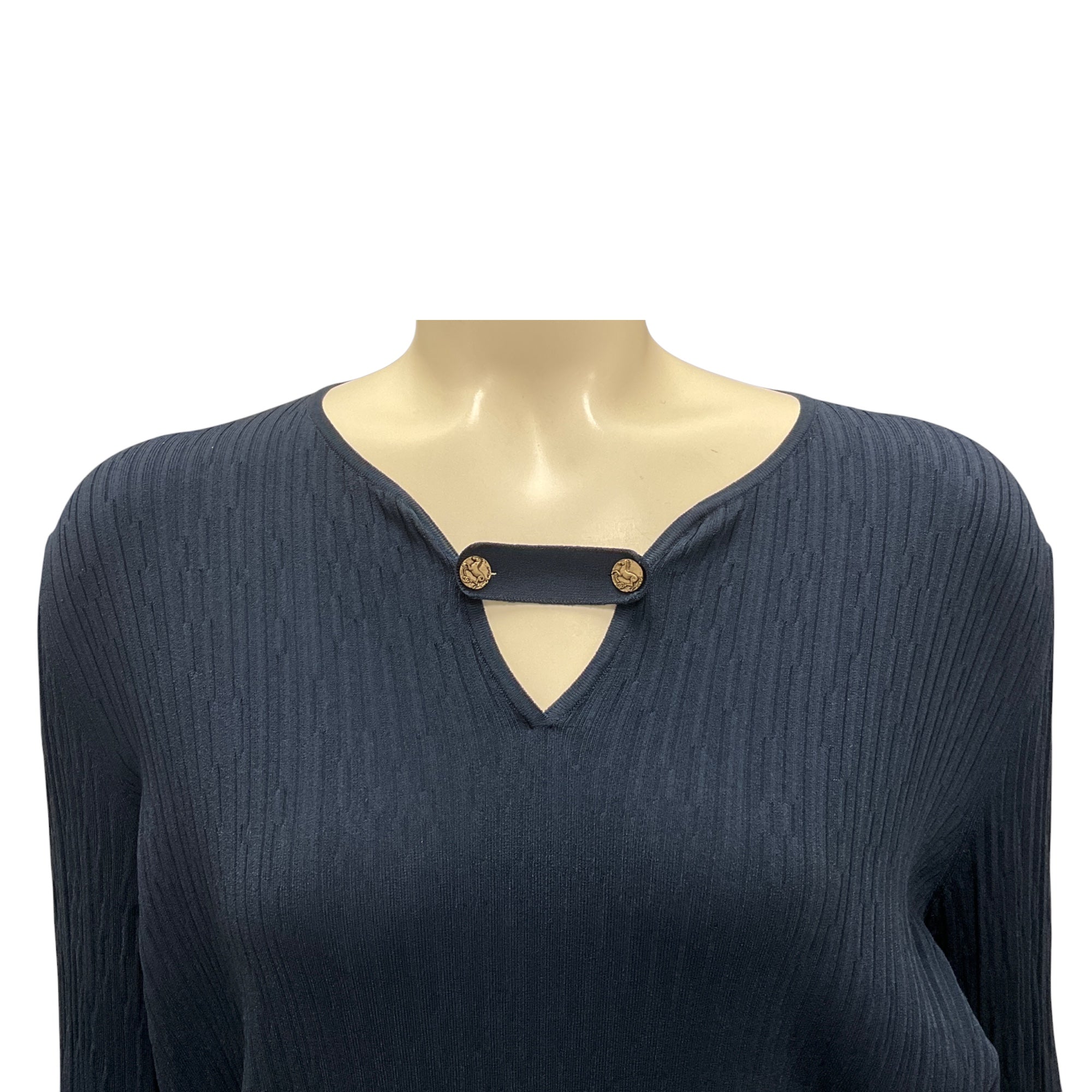Chanel Navy Blue Button Detail Long Sleeved Ribbed Knit Top