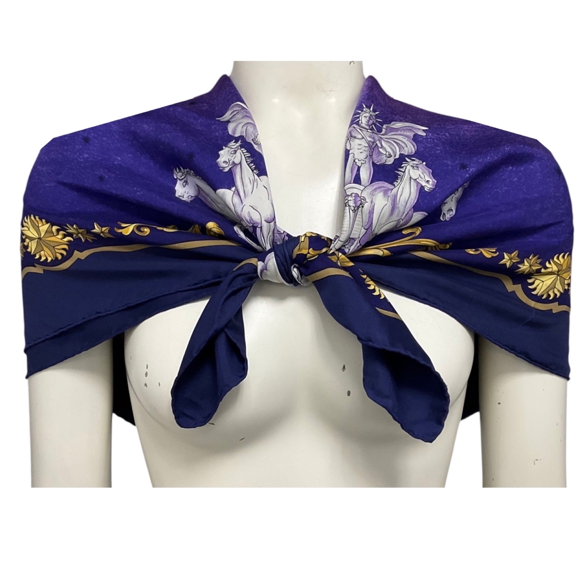 Hermes Purple / Gold Multi Cosmos Print Square Silk Twill Scarf