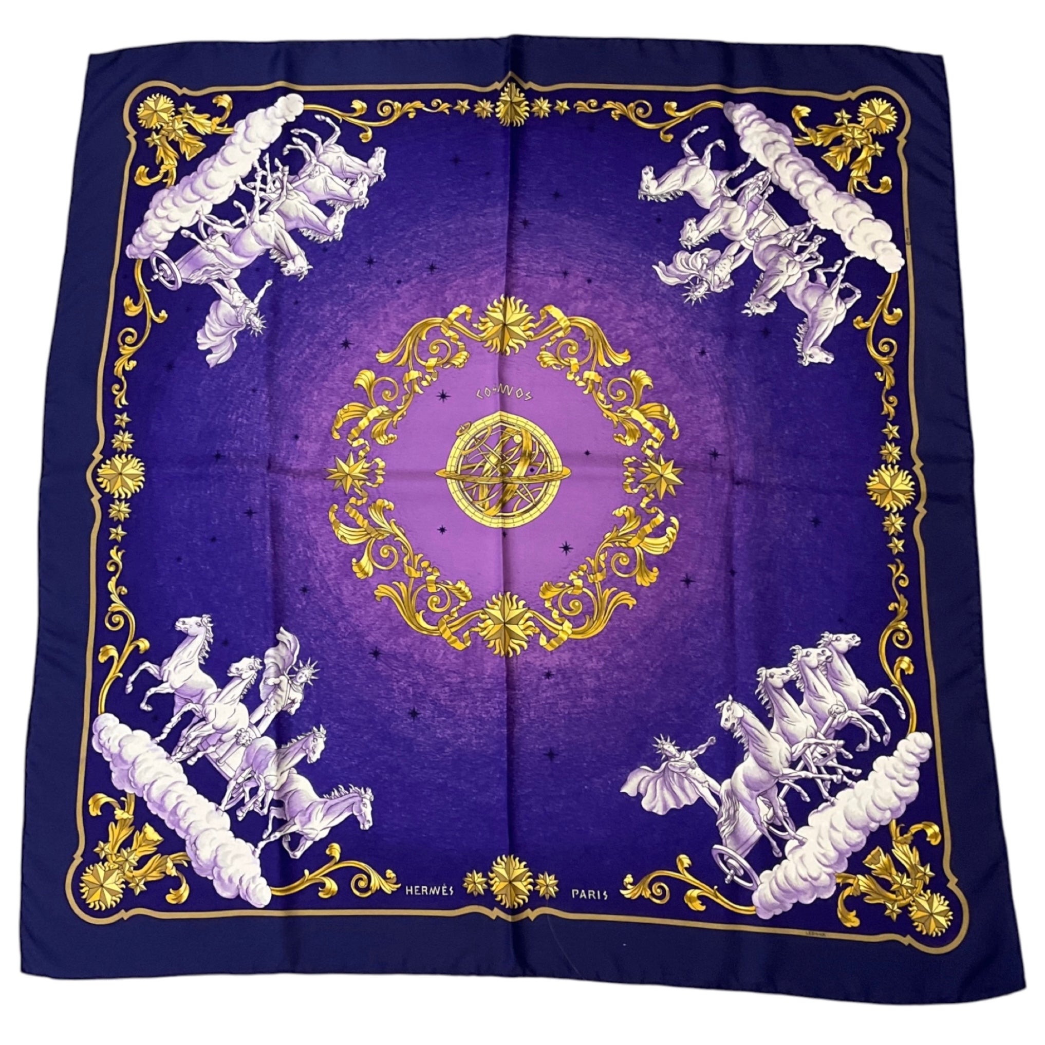 Hermes Purple / Gold Multi Cosmos Print Square Silk Twill Scarf