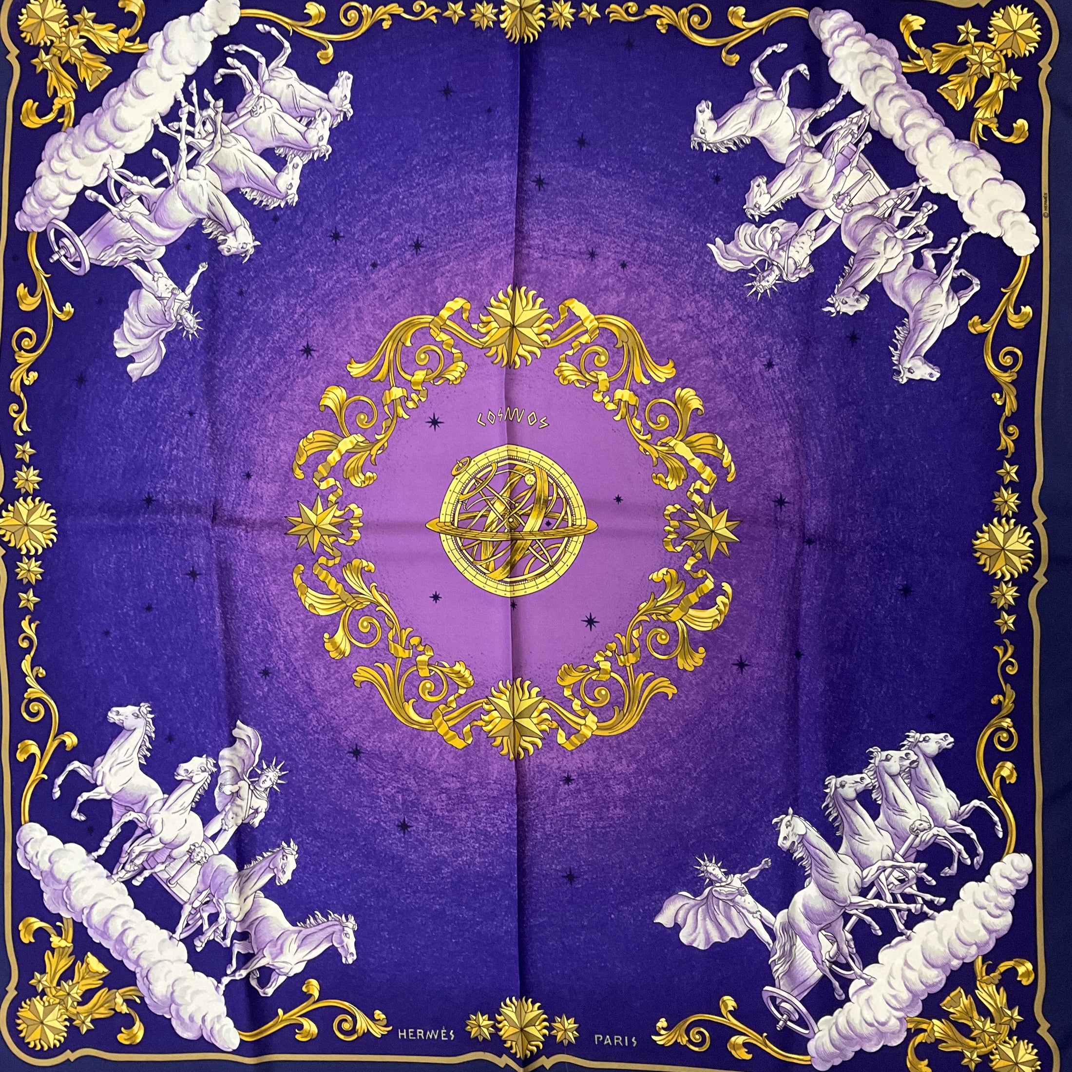Hermes Purple / Gold Multi Cosmos Print Square Silk Twill Scarf