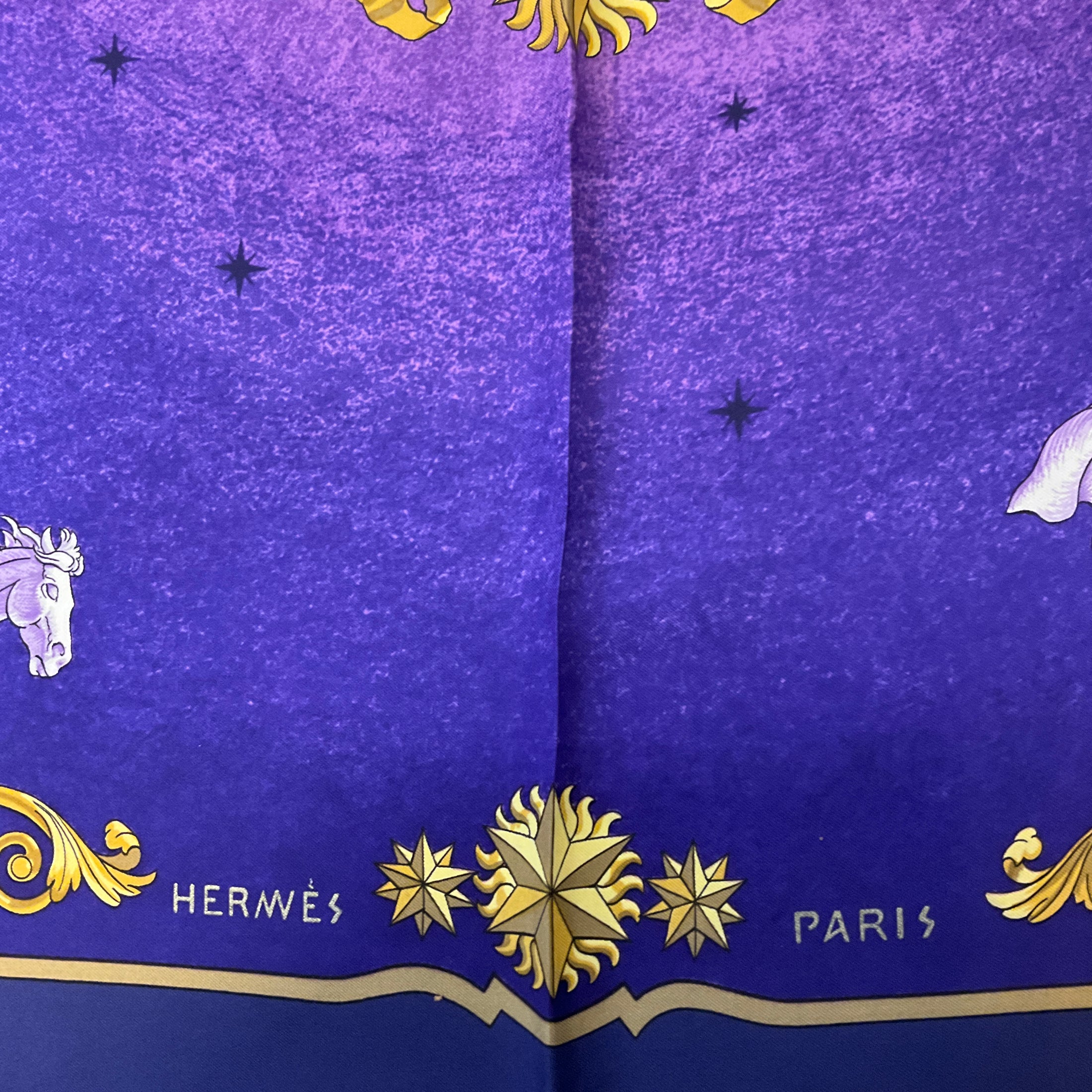 Hermes Purple / Gold Multi Cosmos Print Square Silk Twill Scarf