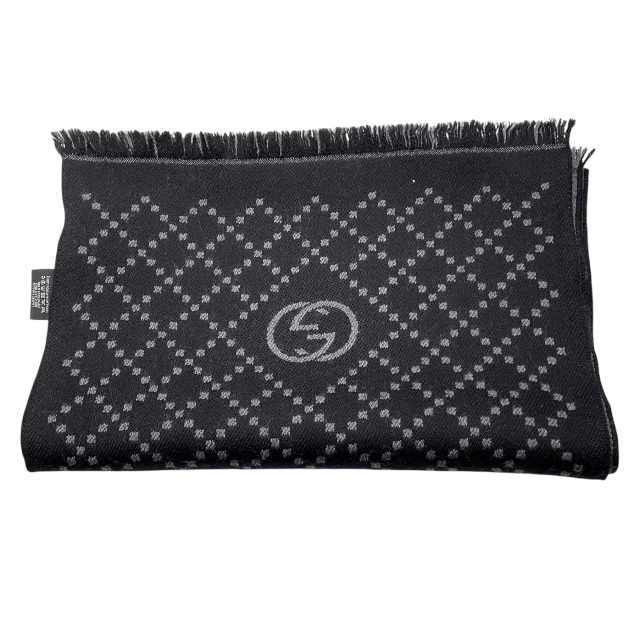 Gucci Black / Grey GG Logo Fringed Trim Wool Scarf