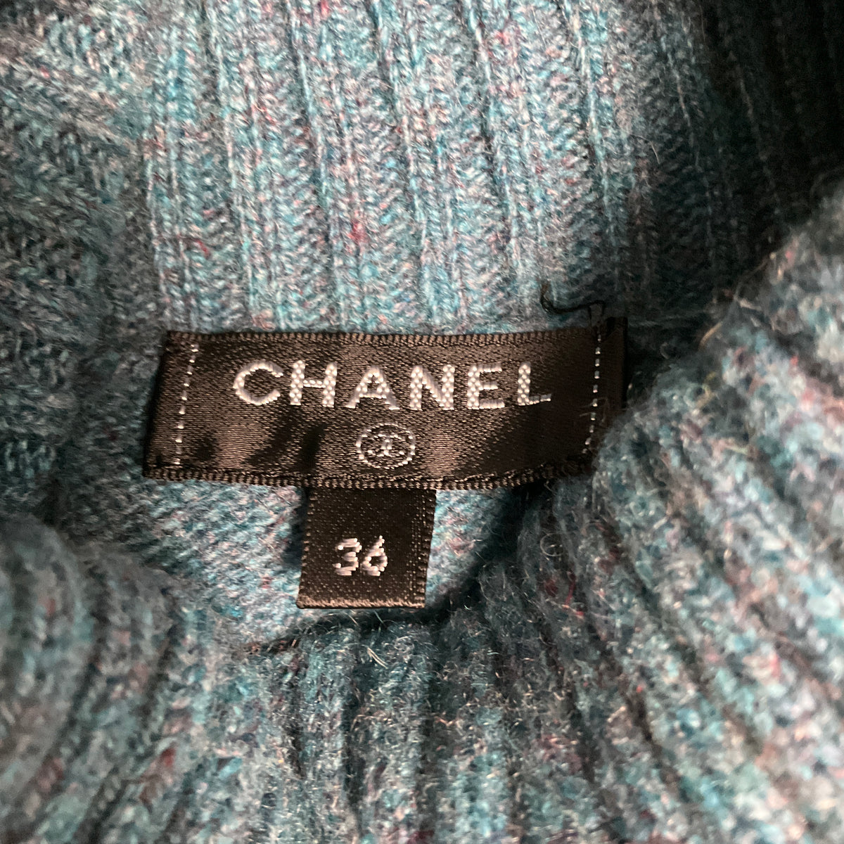Chanel Blue Multi Intarsia Cashmere Knit Turtleneck Sweater with CC Logo Plate