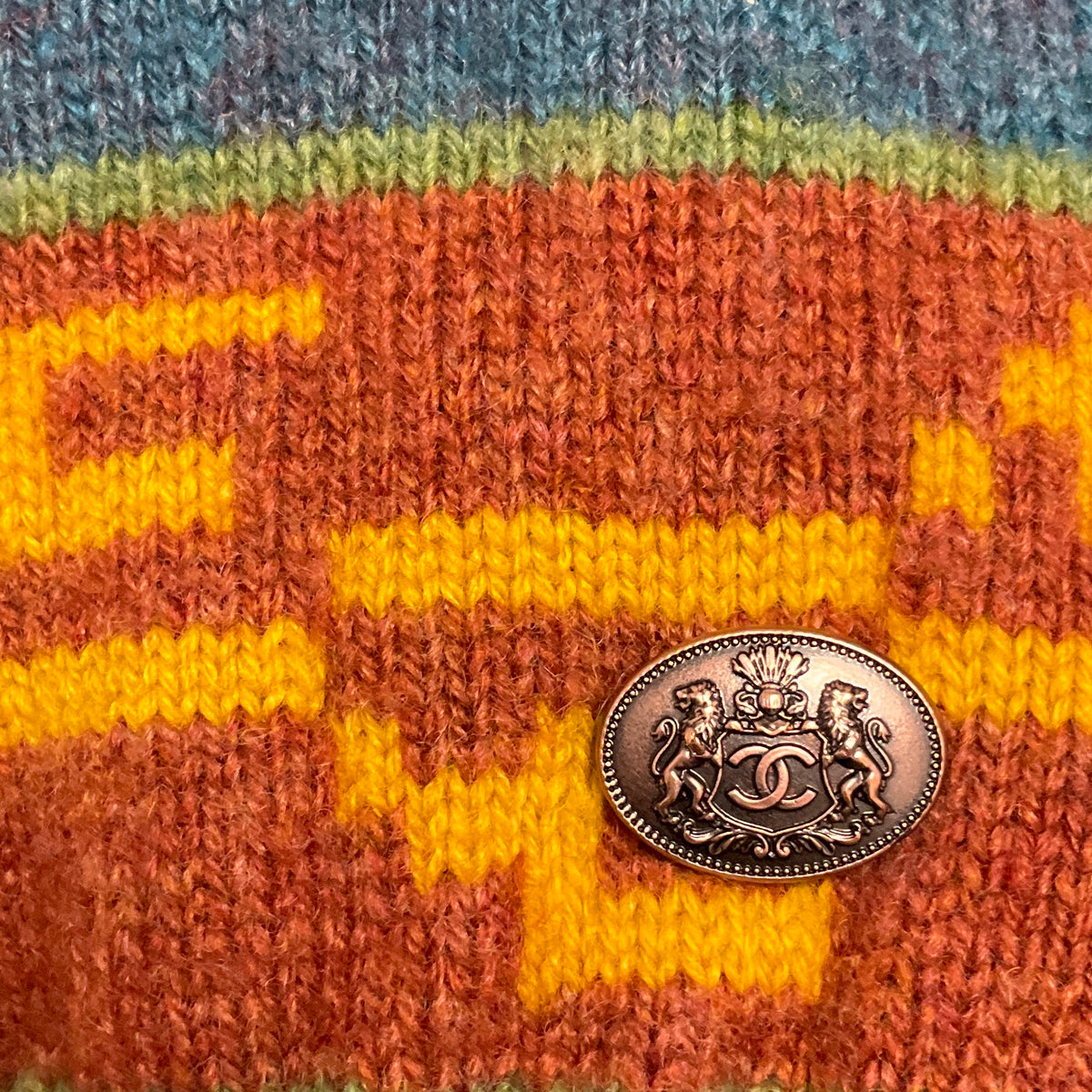 Chanel Blue Multi Intarsia Cashmere Knit Turtleneck Sweater with CC Logo Plate