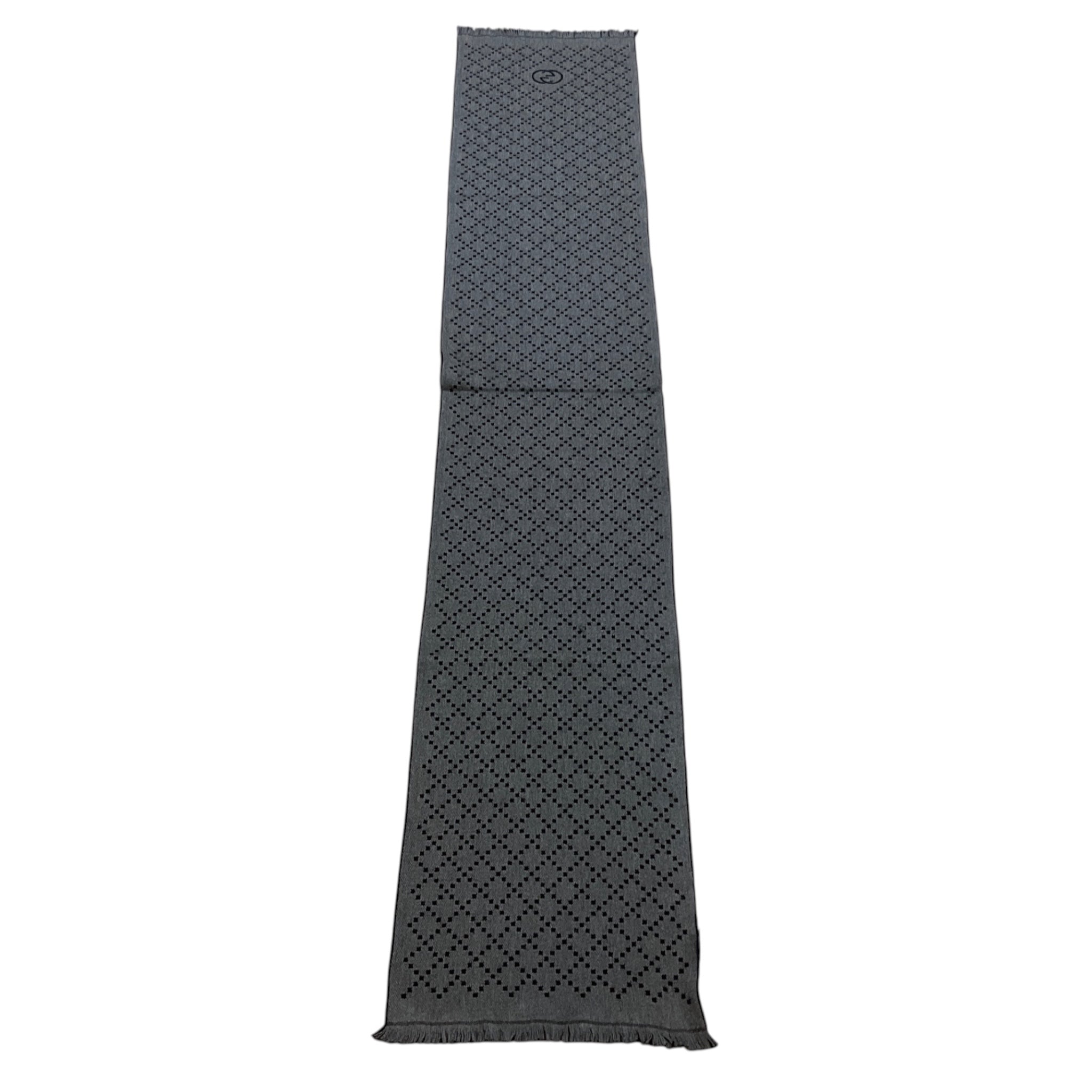 Gucci Black / Grey GG Logo Fringed Trim Wool Scarf