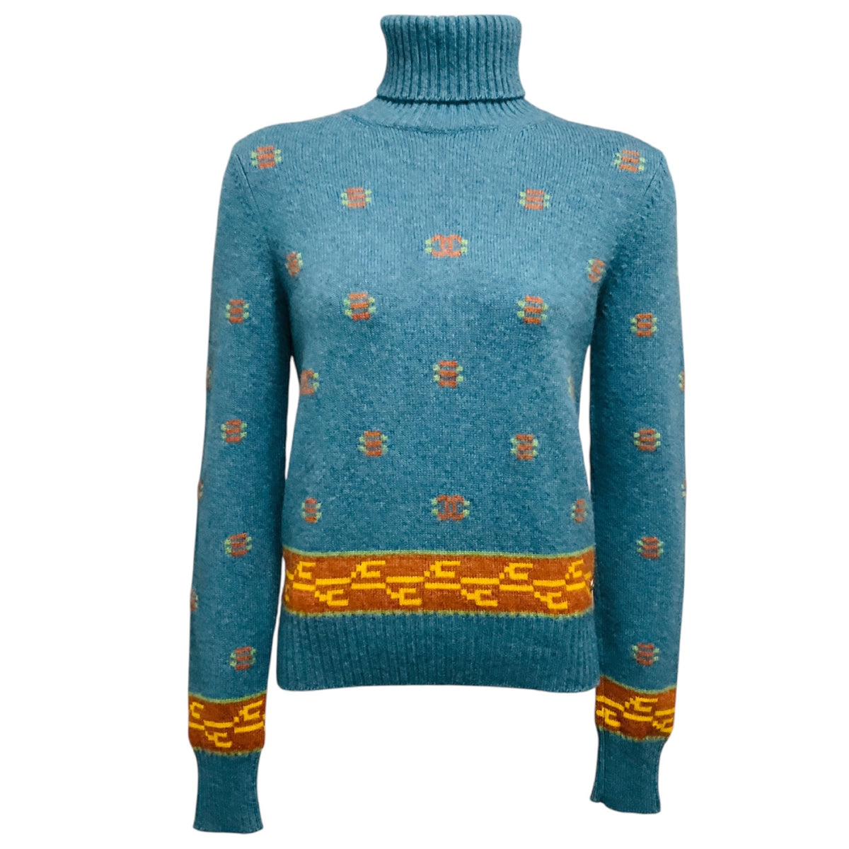 Chanel Blue Multi Intarsia Cashmere Knit Turtleneck Sweater with CC Logo Plate