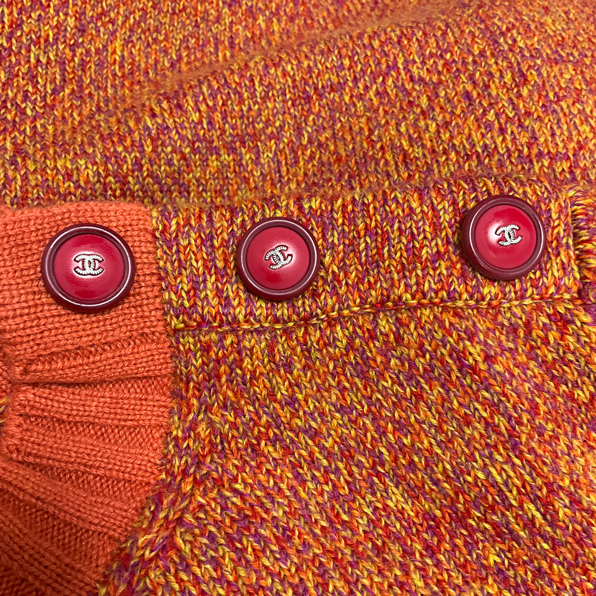 Chanel Orange / Burgundy Marled Wool and Cashmere Knit Pullover Sweater with CC Logo Buttons