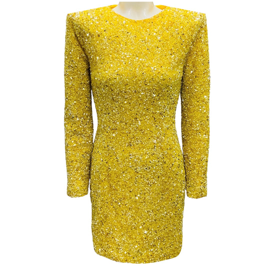 Retrofete Yellow Sequined Mini Cocktail Dress