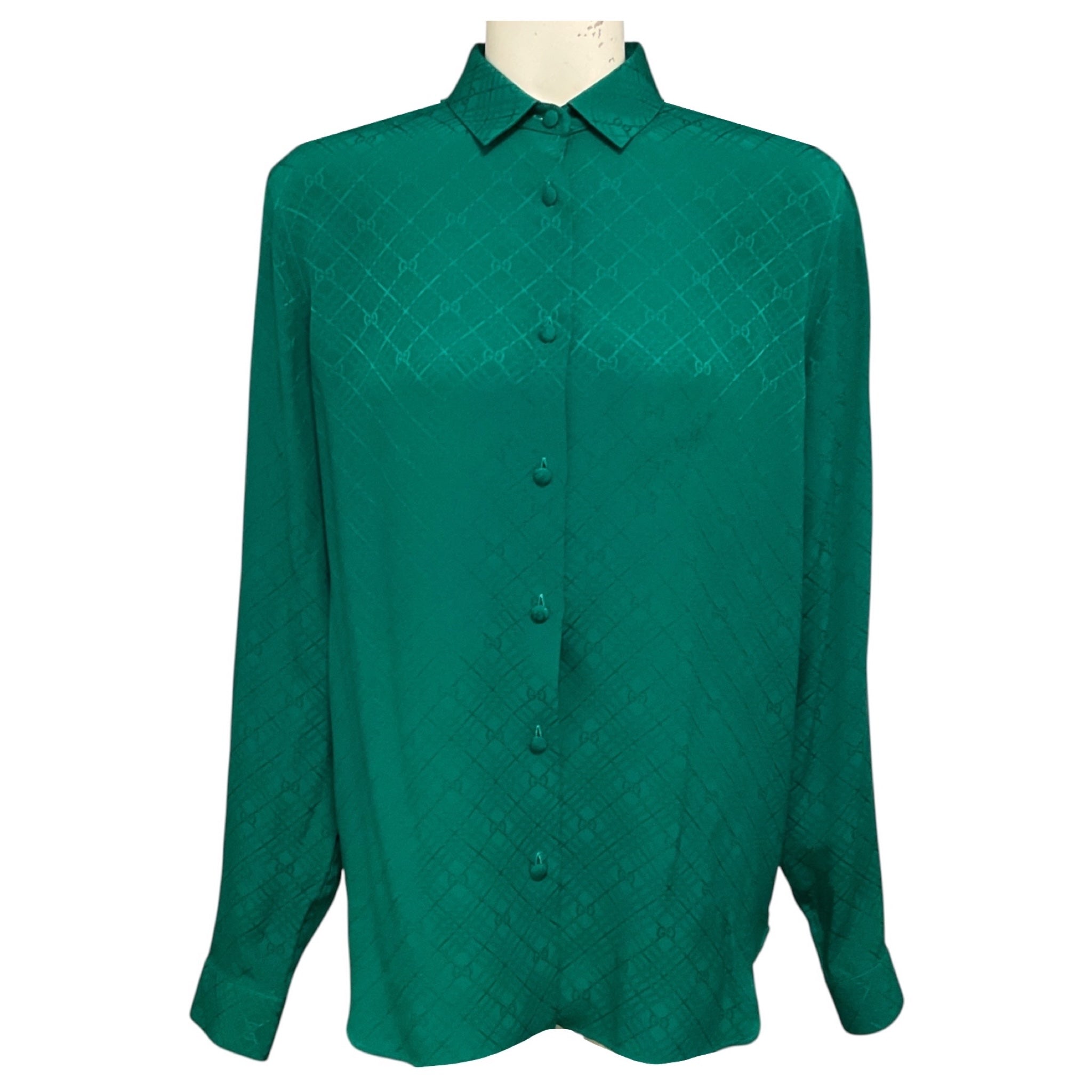 Gucci Emerald Green Check GG Silk Crepe Jacquard Shirt