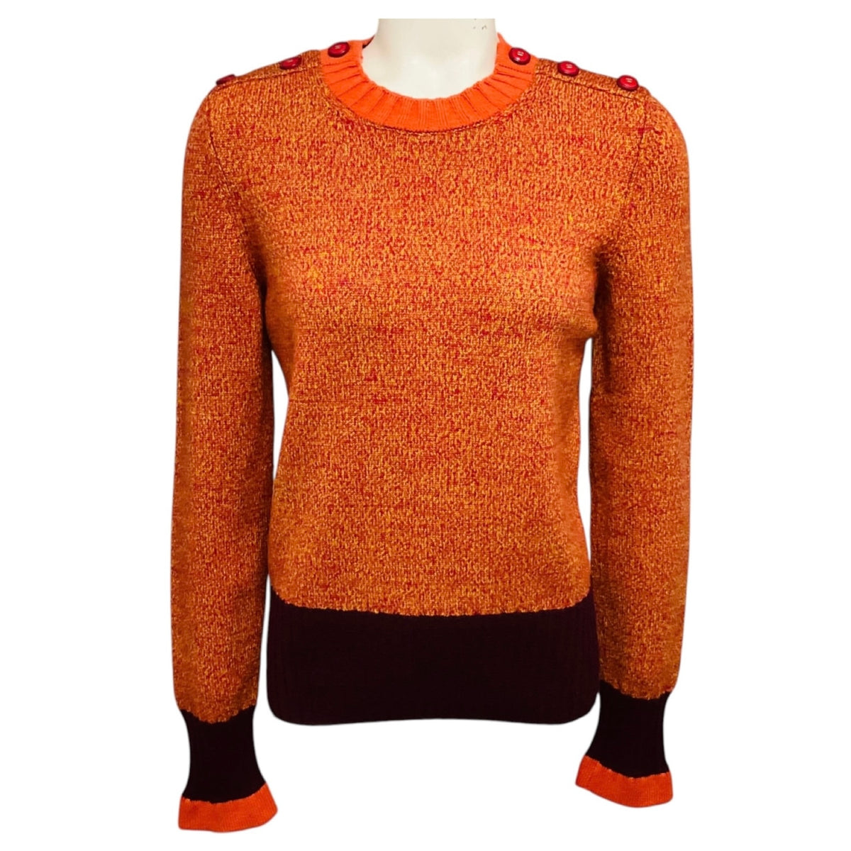 Chanel Orange / Burgundy Marled Wool and Cashmere Knit Pullover Sweater with CC Logo Buttons