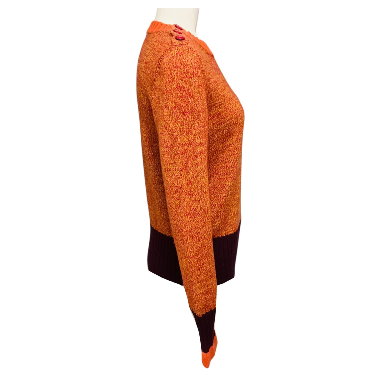 Chanel Orange / Burgundy Marled Wool and Cashmere Knit Pullover Sweater with CC Logo Buttons