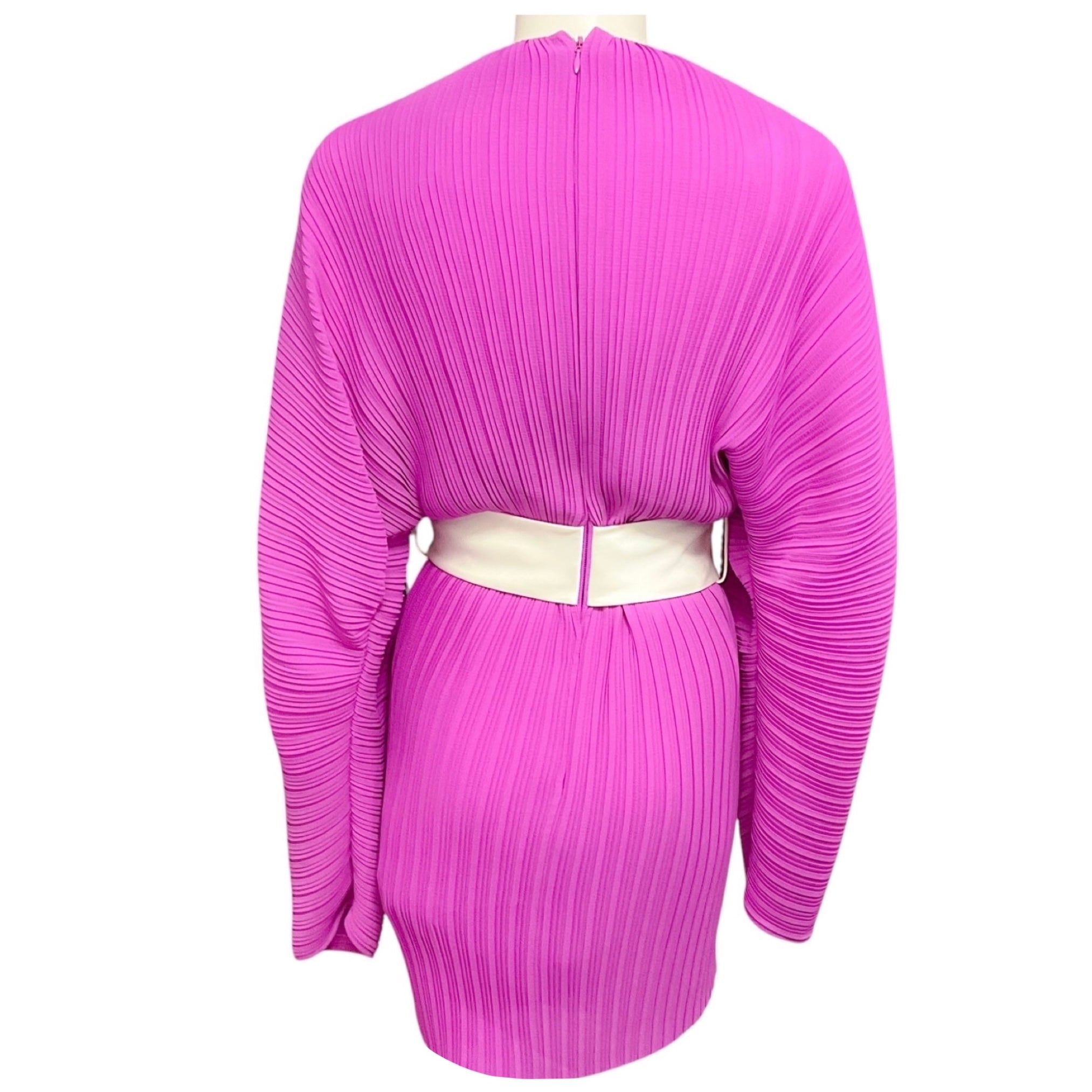 Solace London Magenta Tanzy Pleated Bow Waist Long Sleeve Mini Dress