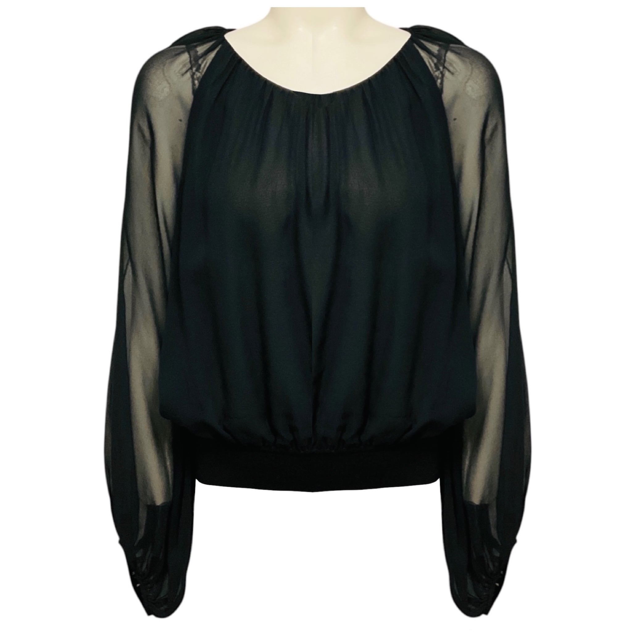 Lafayette 148 New York Black Long Sleeved Silk Chiffon Top with Elastic Waist