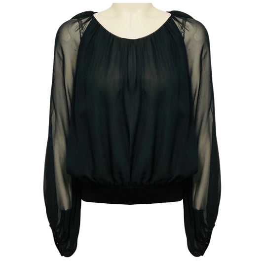 Lafayette 148 New York Black Long Sleeved Silk Chiffon Top with Elastic Waist