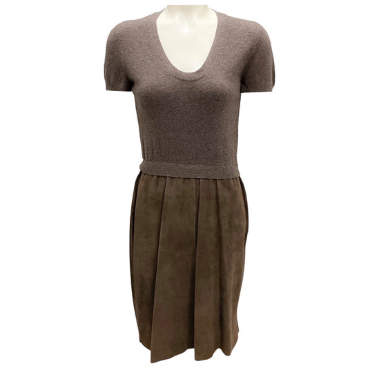 Brunello Cucinelli Taupe Short Sleeved Wool Knit and Suede Leather Dress