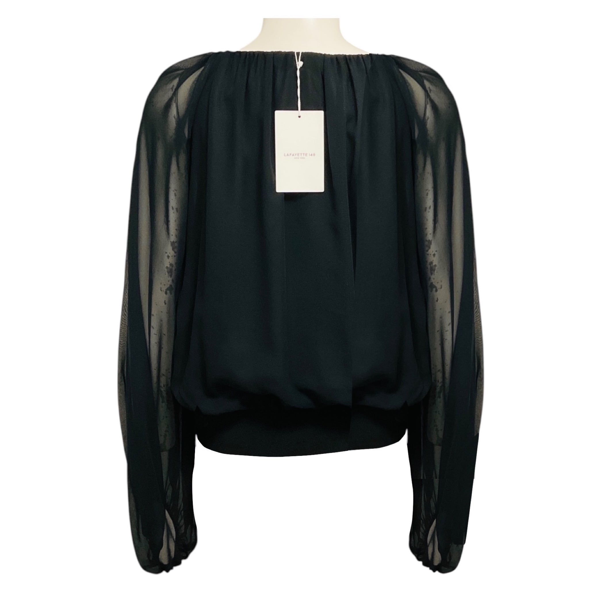 Lafayette 148 New York Black Long Sleeved Silk Chiffon Top with Elastic Waist