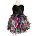 Load image into Gallery viewer, Jovani Black Multi Sequined Bow-Waist Feather Hem Strapless Mini Cocktail Dress
