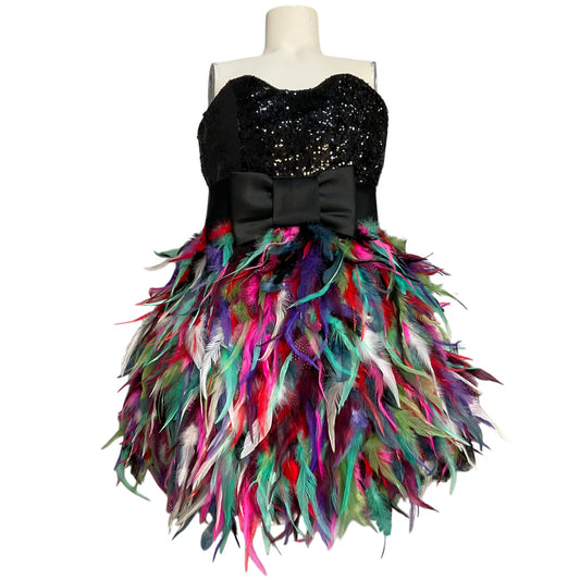 Jovani Black Multi Sequined Bow-Waist Feather Hem Strapless Mini Cocktail Dress