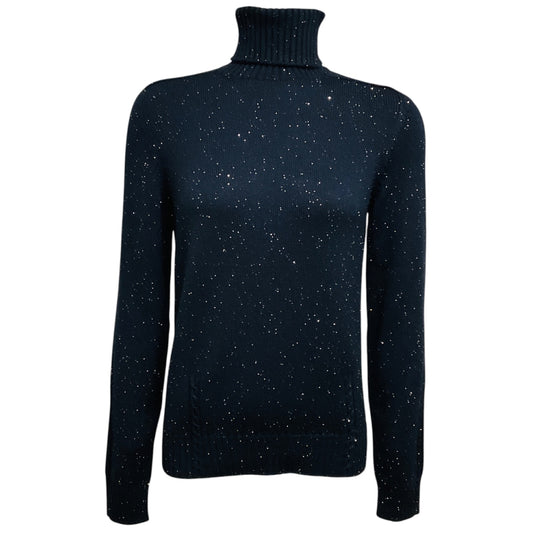 Loro Piana Navy Blue / Silver Metallic Micro Sequined Baby Cashmere Knit Turtleneck Sweater