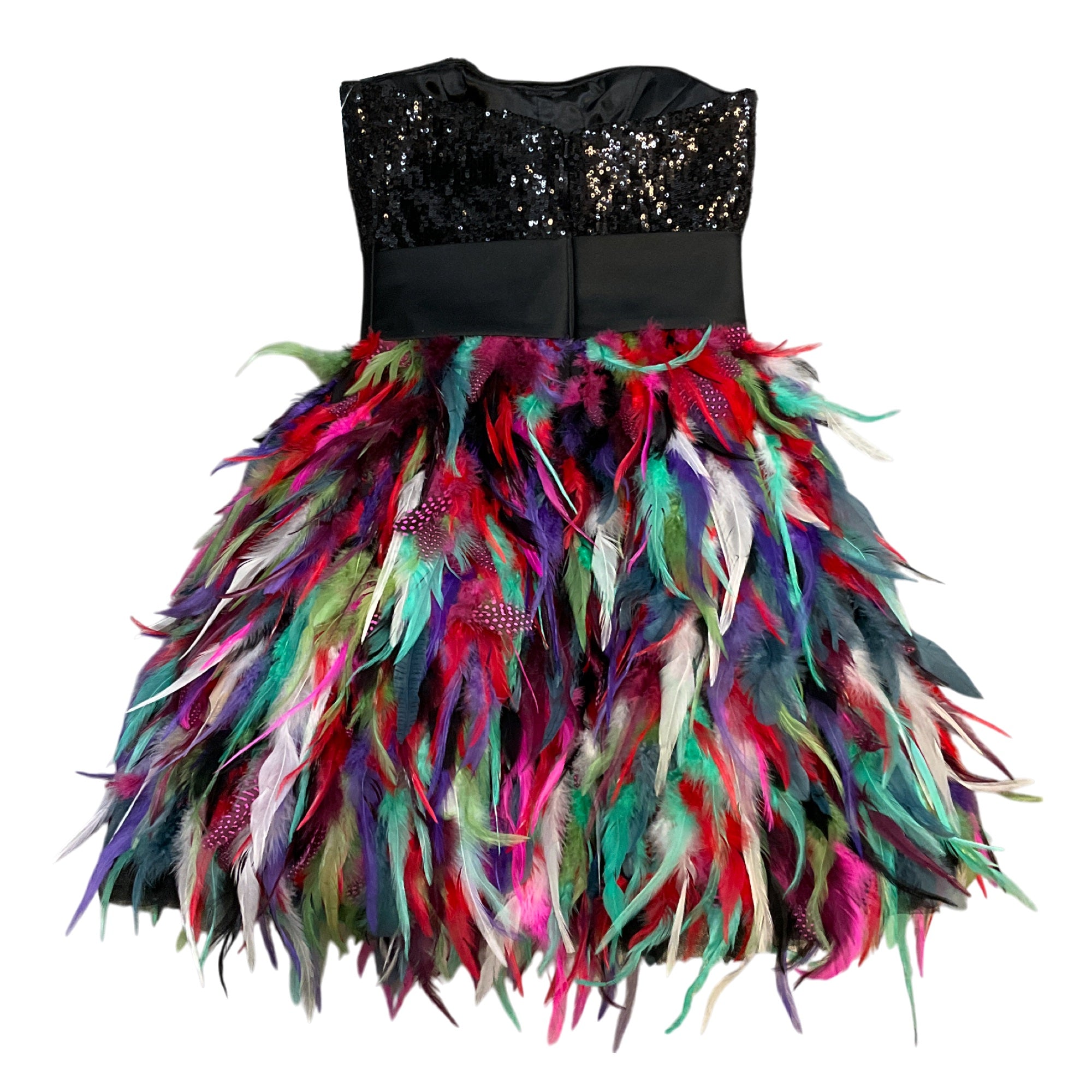 Jovani Black Multi Sequined Bow-Waist Feather Hem Strapless Mini Cocktail Dress