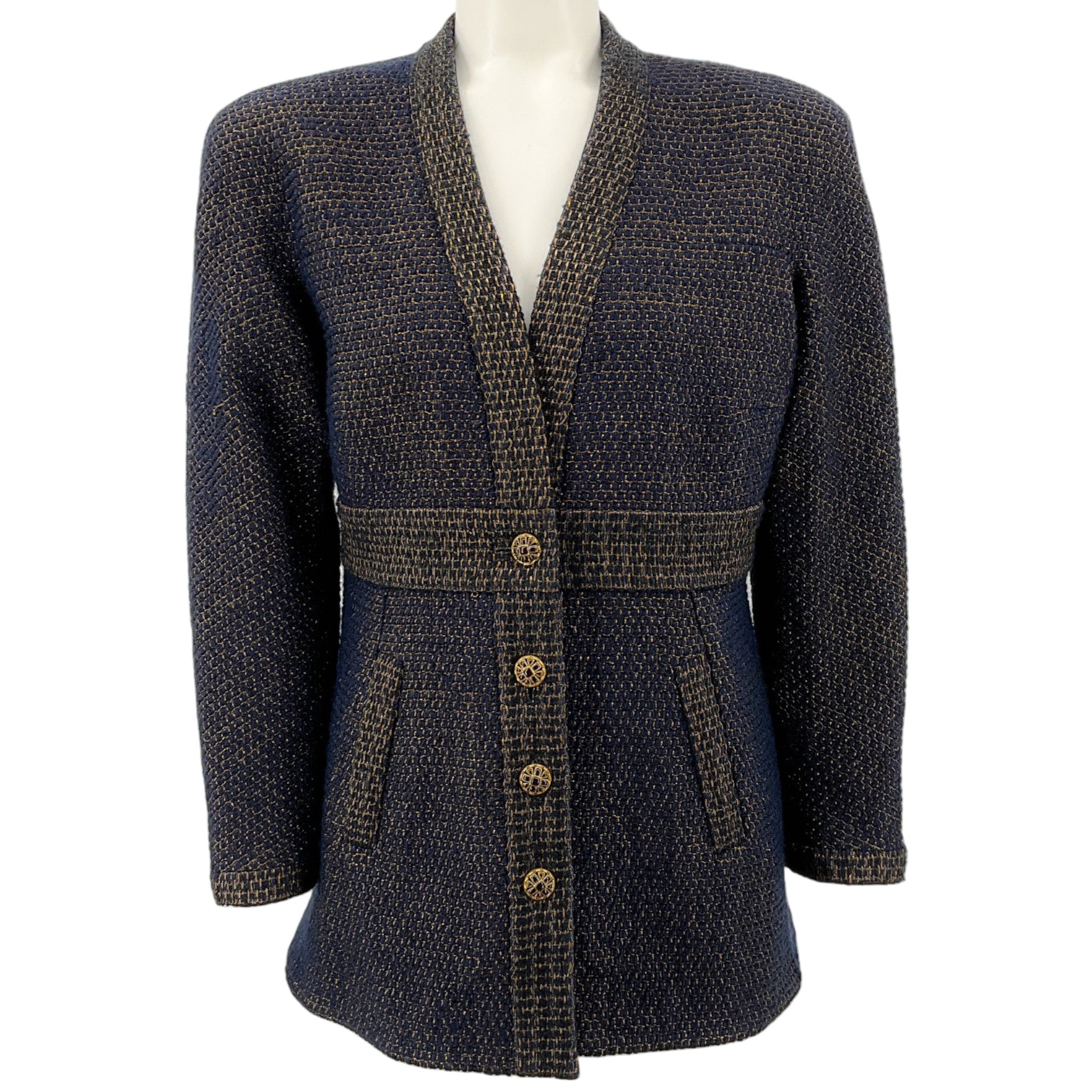 Chanel Navy Blue / Gold Wool Tweed Jacket With Gripoix Buttons
