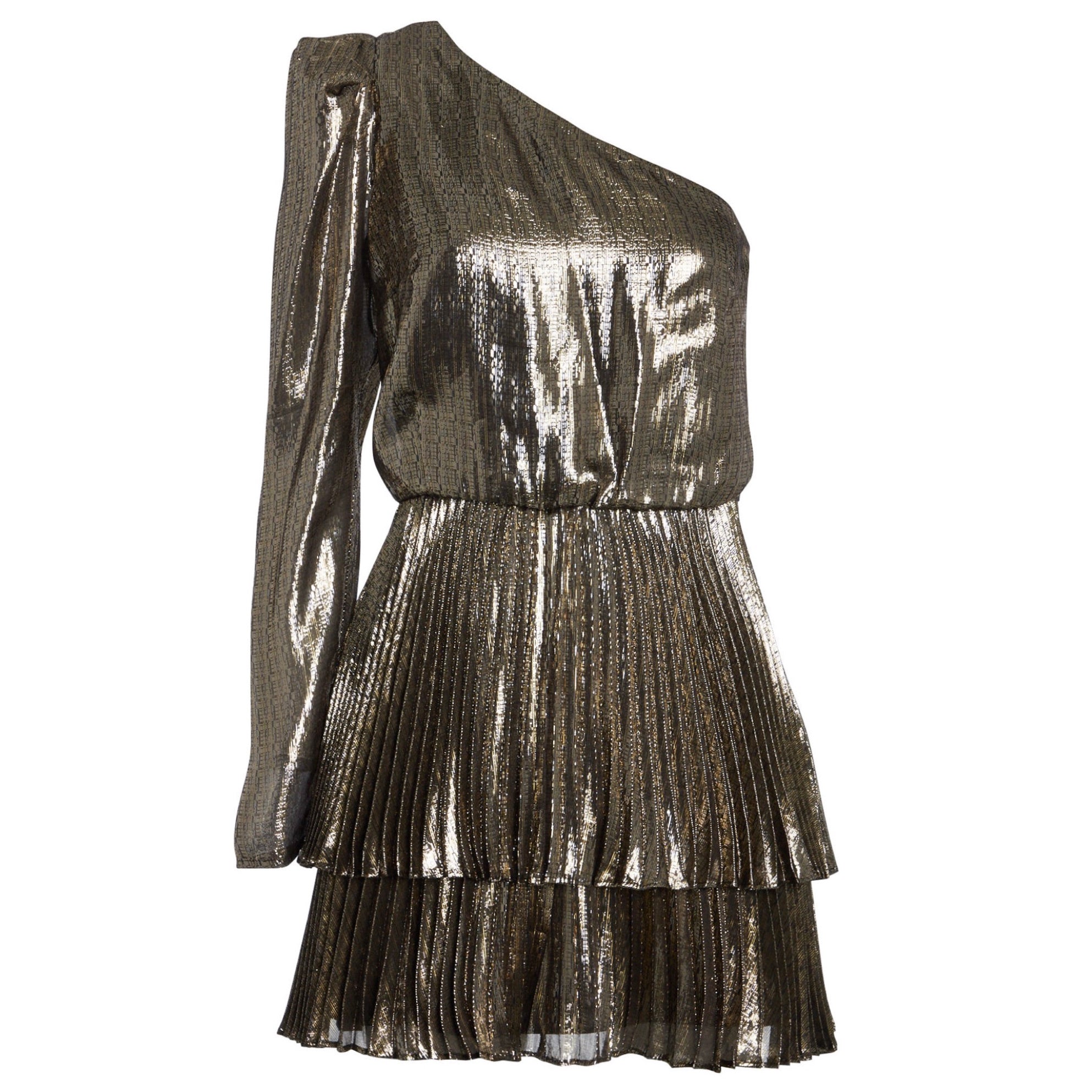 Derek Lam 10 Crosby Gold Metallic Yolie Pleated One Shoulder Lame Mini Cocktail Dress