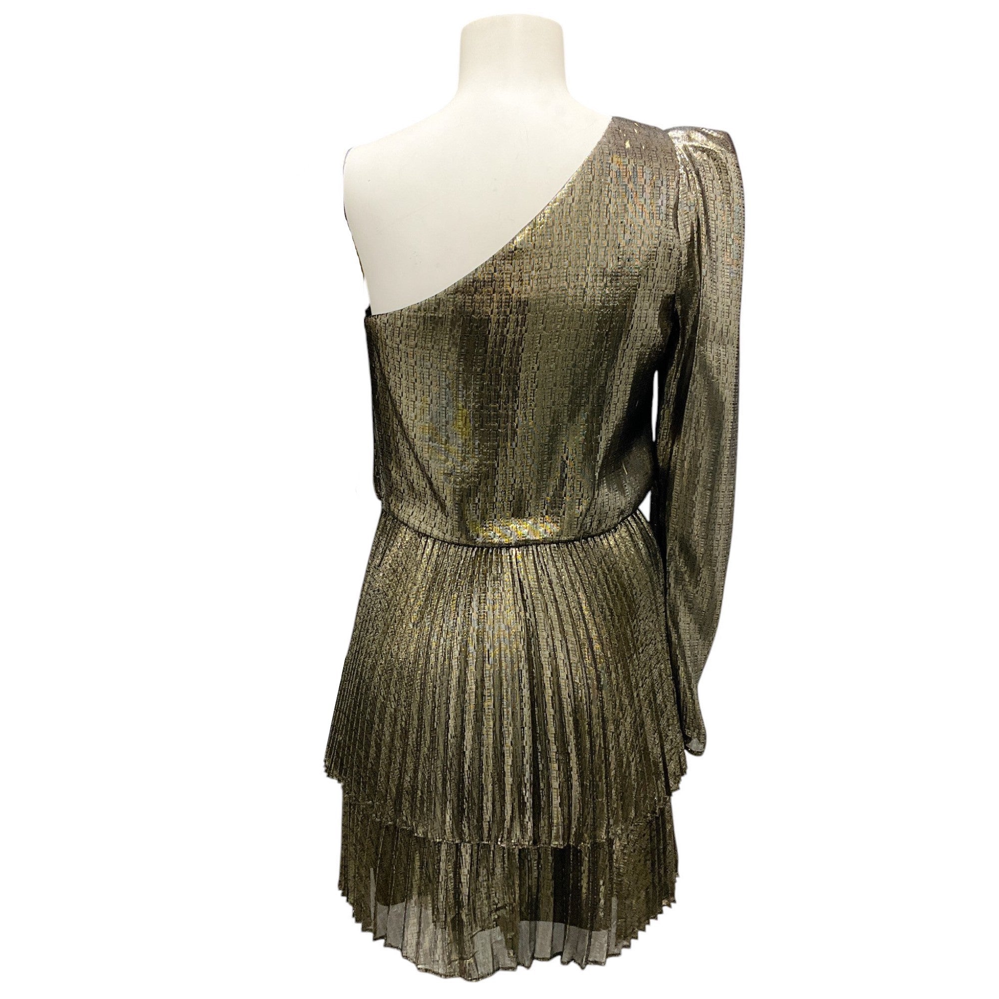 Derek Lam 10 Crosby Gold Metallic Yolie Pleated One Shoulder Lame Mini Cocktail Dress