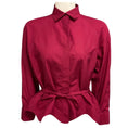 Load image into Gallery viewer, Alaia Cranberry Long Sleeved Peplum Hem Tie Front Button Down Cotton Top
