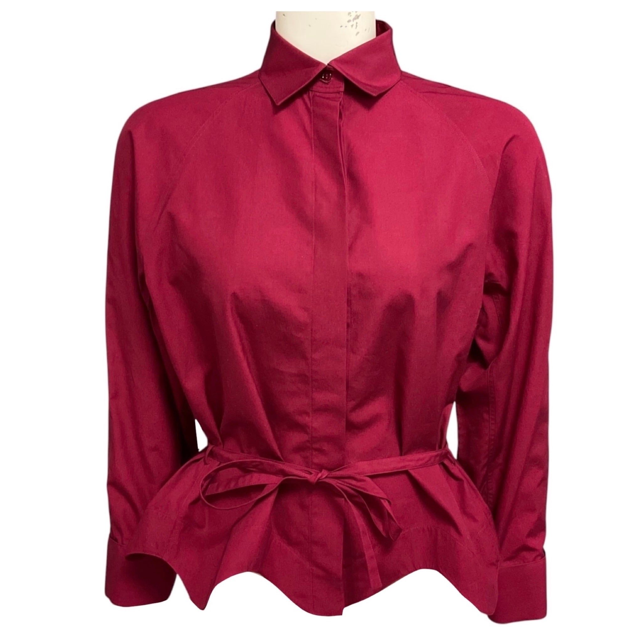 Alaia Cranberry Long Sleeved Peplum Hem Tie Front Button Down Cotton Top