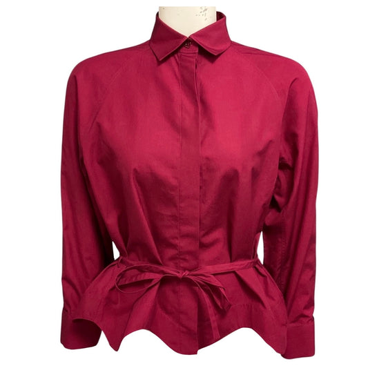 Alaia Cranberry Long Sleeved Peplum Hem Tie Front Button Down Cotton Top