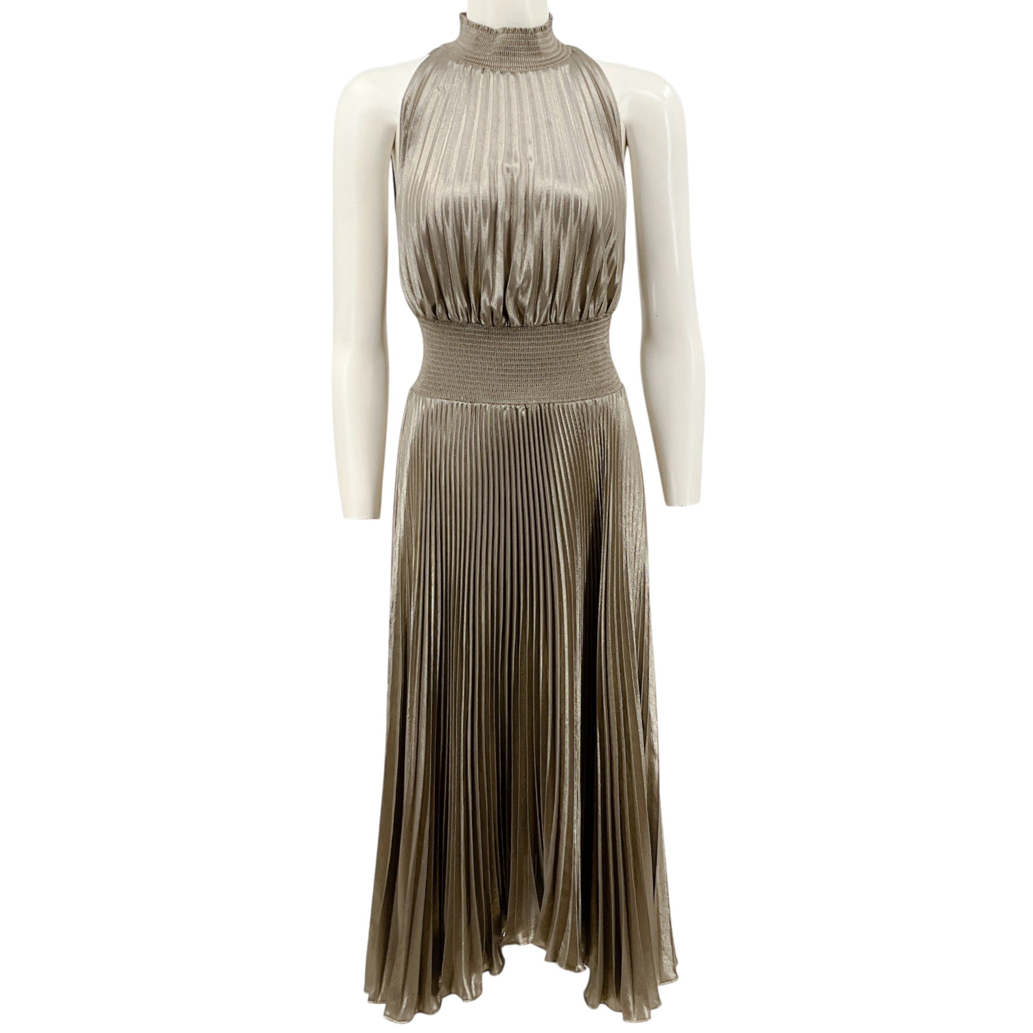 A.L.C. Antique Gold Renzo Pleated Metallic Halter Dress
