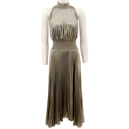 A.L.C. Antique Gold Renzo Pleated Metallic Halter Dress
