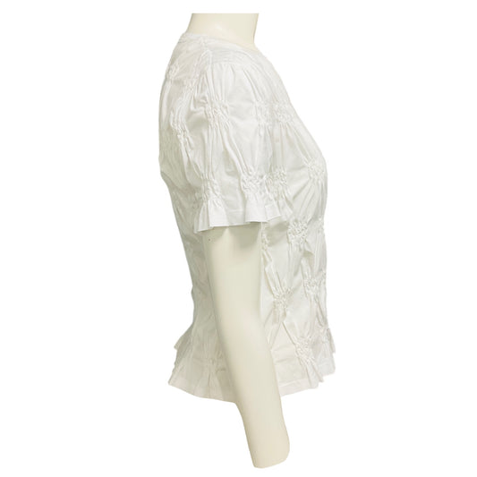 Chanel White 2022 Cruise Collection Coco Mark Embroidered Gathered Short Sleeved Cotton Top
