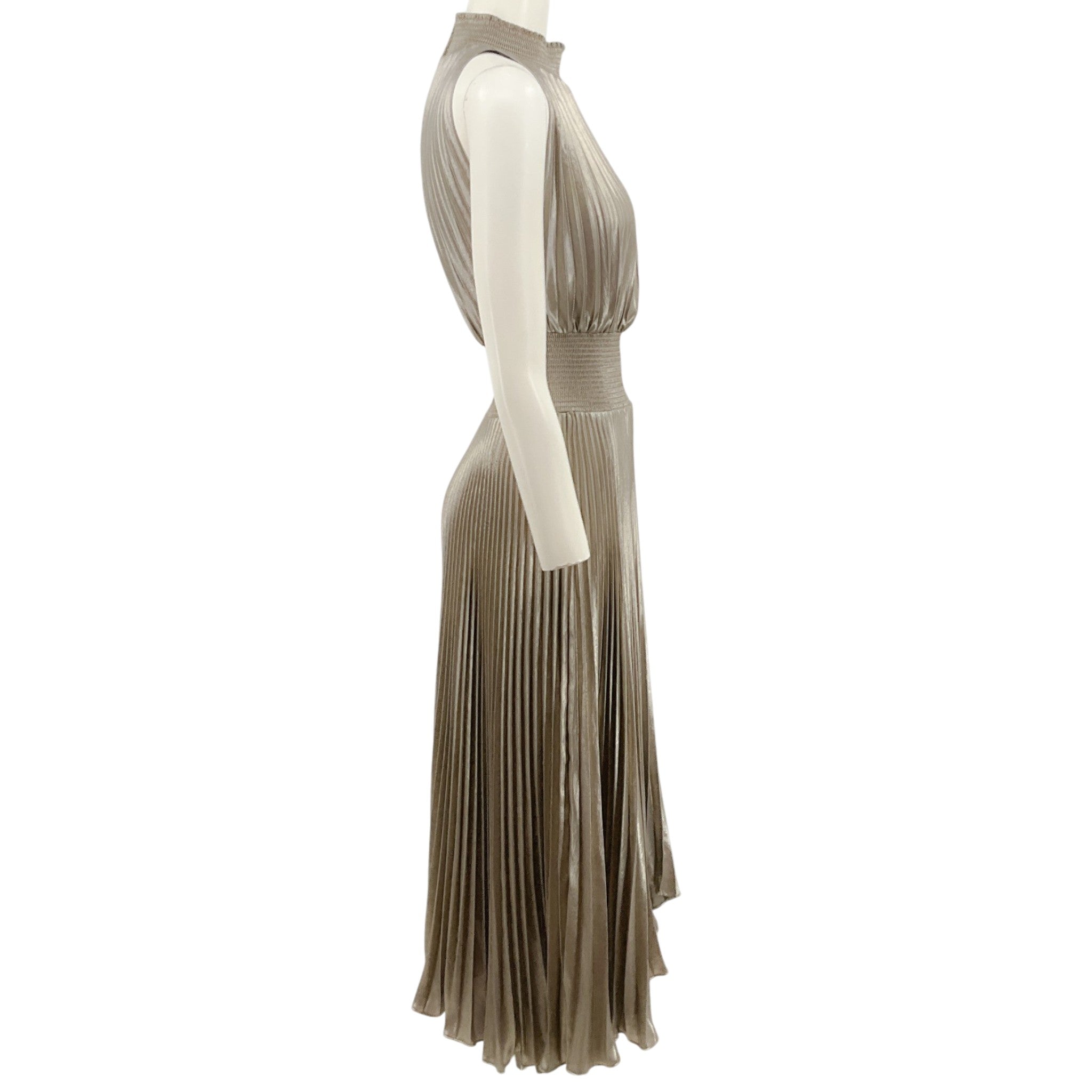 A.L.C. Antique Gold Renzo Pleated Metallic Halter Dress