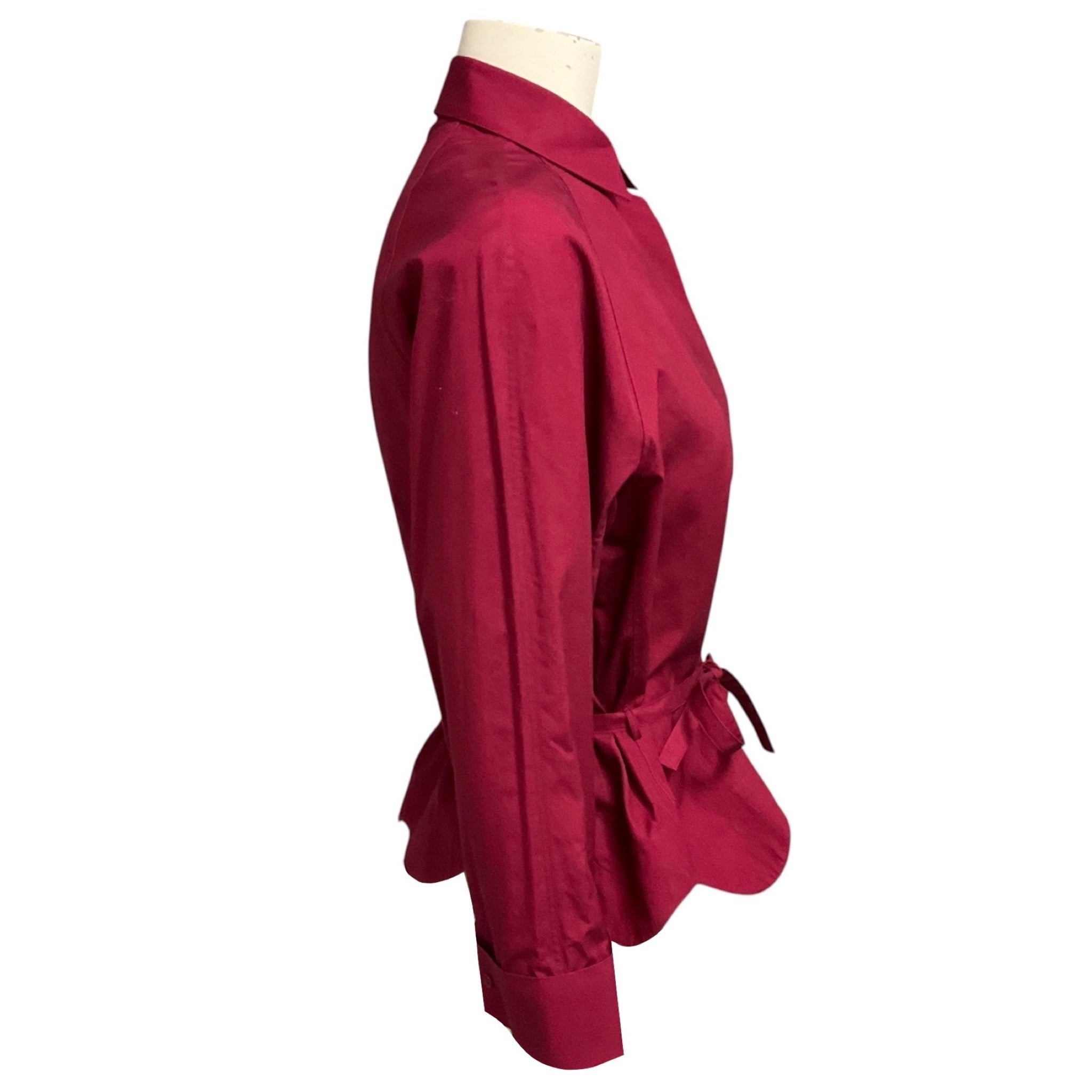 Alaia Cranberry Long Sleeved Peplum Hem Tie Front Button Down Cotton Top