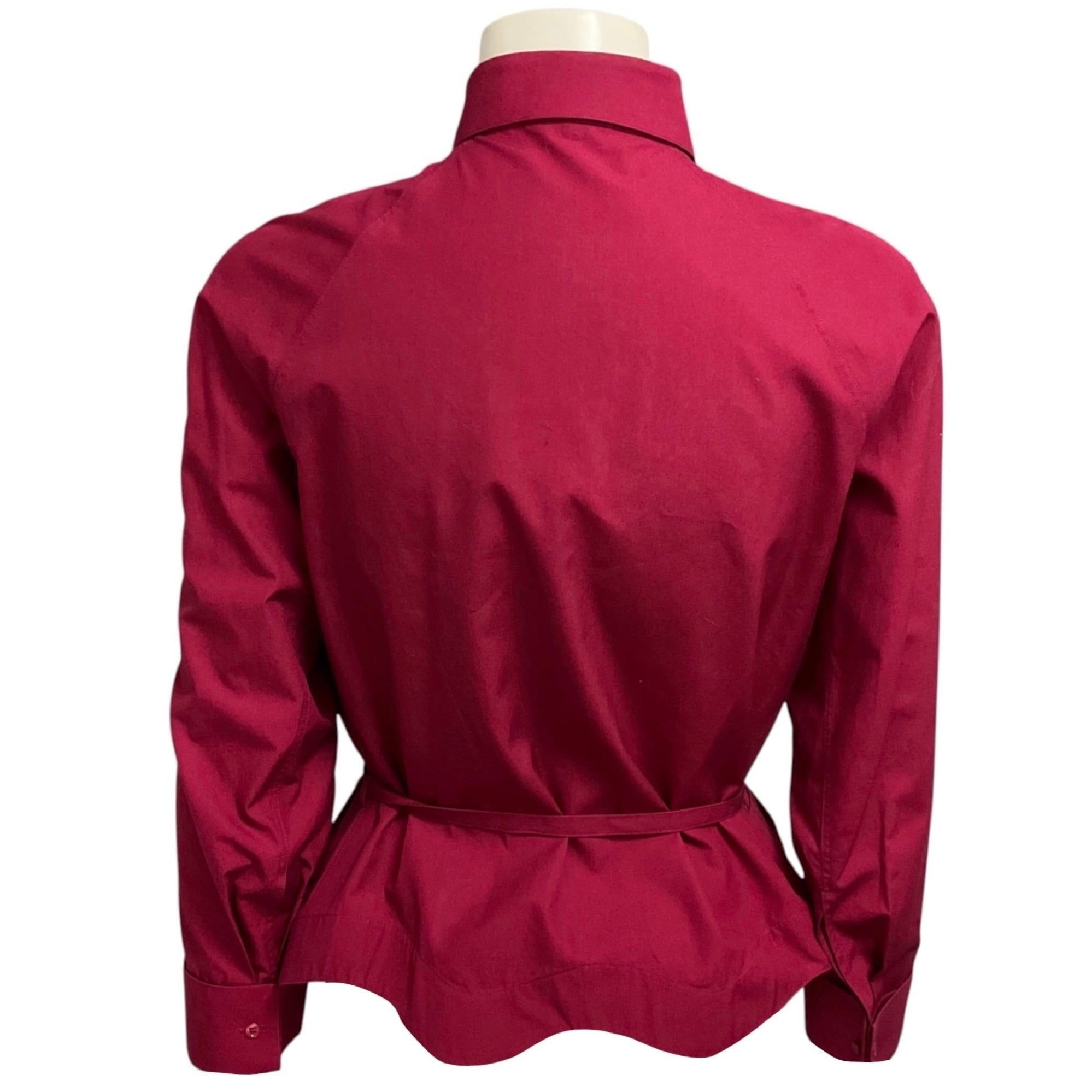 Alaia Cranberry Long Sleeved Peplum Hem Tie Front Button Down Cotton Top