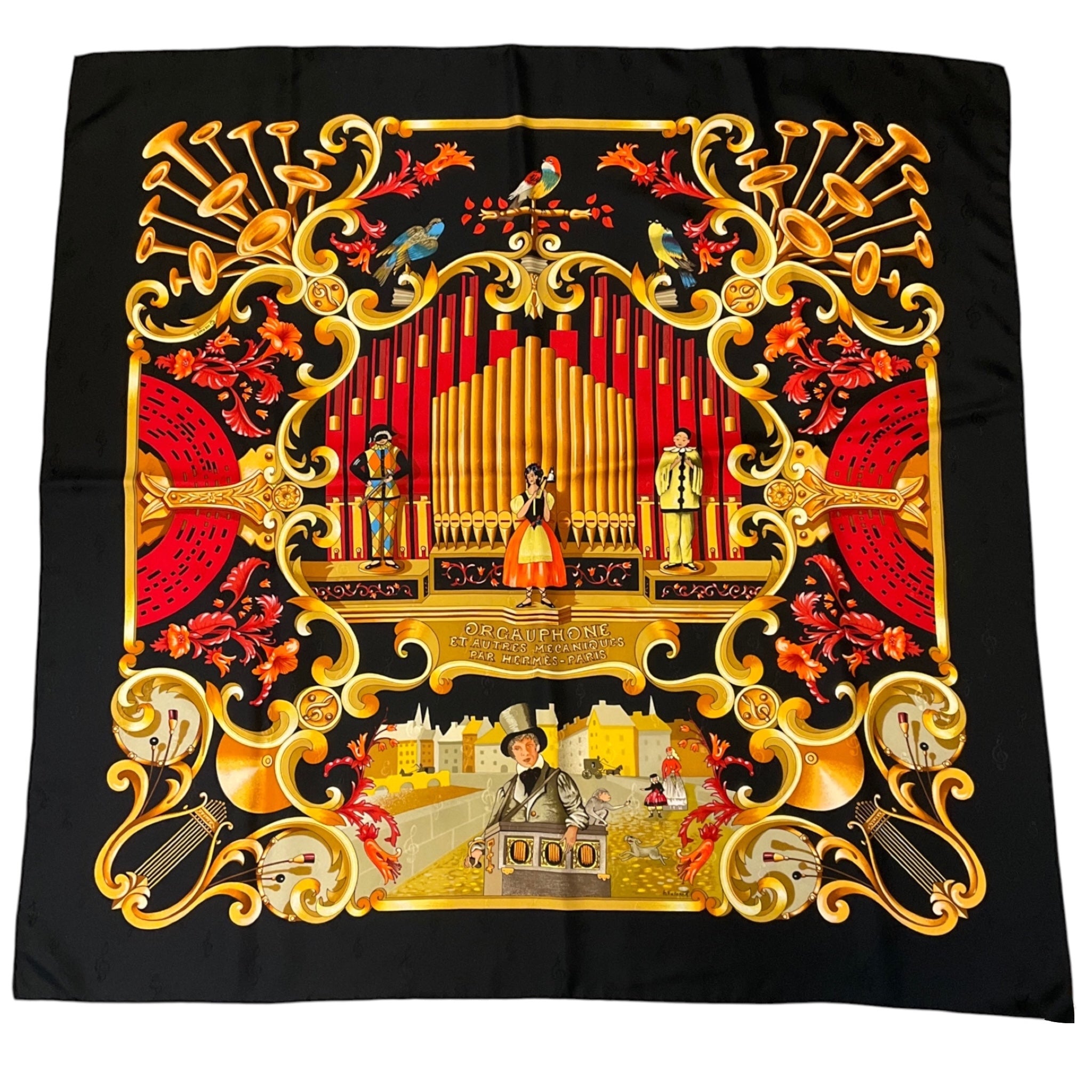 Hermes Black / Red Multi Orgauphone et Autres Mecaniques Print Square Silk Twill Scarf