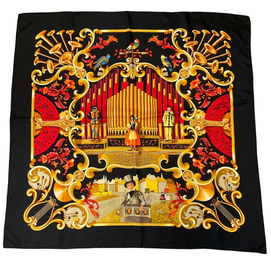 Hermes Black / Red Multi Orgauphone et Autres Mecaniques Print Square Silk Twill Scarf