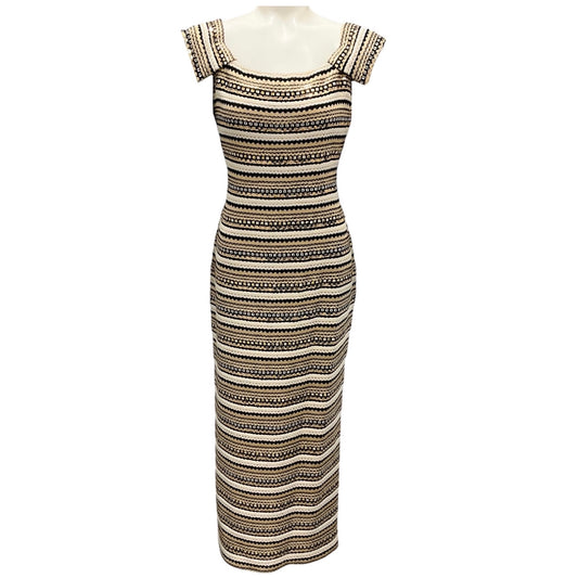St. John Couture Vintage Fall 2003 Ivory / Black / Gold Metallic Sequined Knit Midi Dress