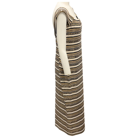 St. John Couture Vintage Fall 2003 Ivory / Black / Gold Metallic Sequined Knit Midi Dress