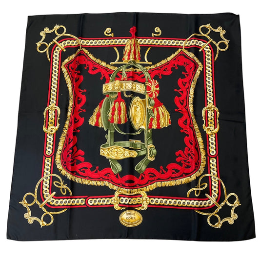 Hermes Dark Navy Blue / Red / Gold Multi Bride de Cour Square Silk Twill Scarf