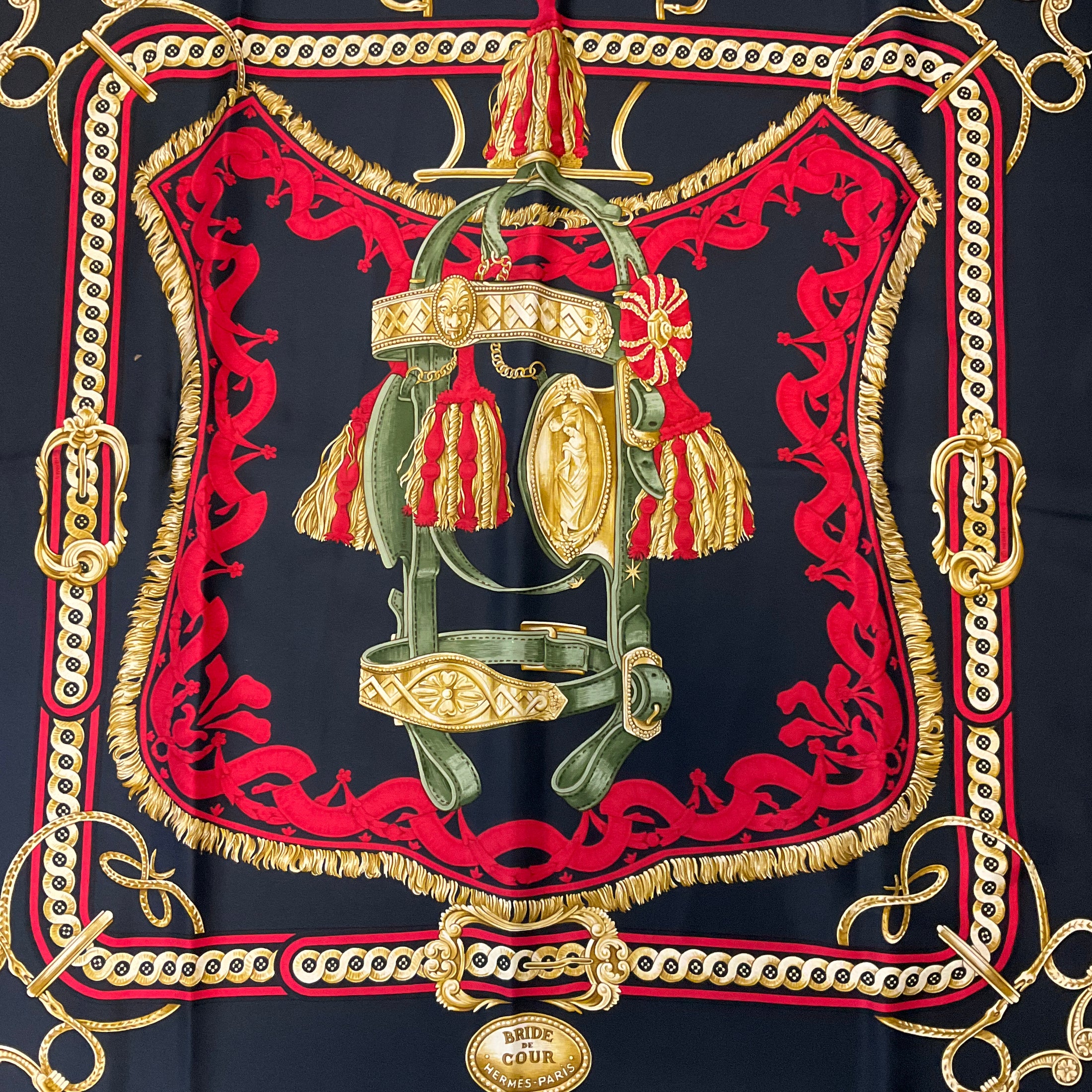 Hermes Dark Navy Blue / Red / Gold Multi Bride de Cour Square Silk Twill Scarf