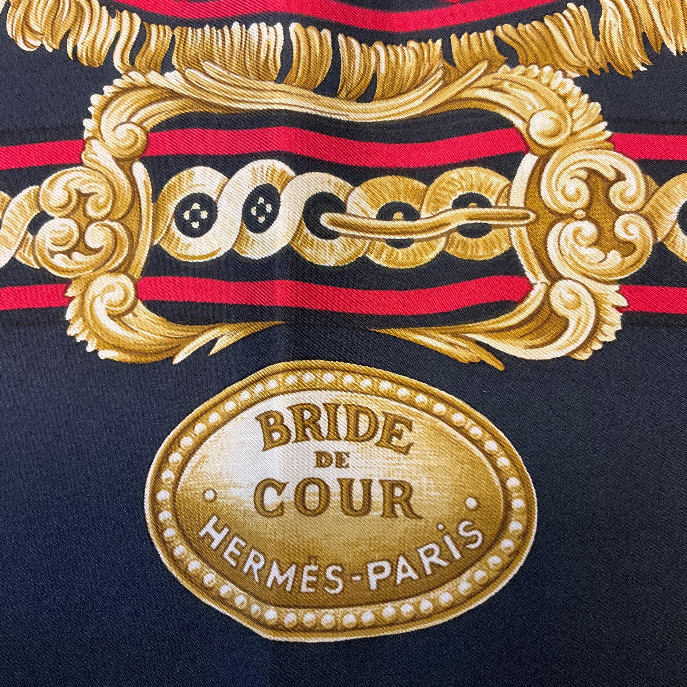 Hermes Dark Navy Blue / Red / Gold Multi Bride de Cour Square Silk Twill Scarf