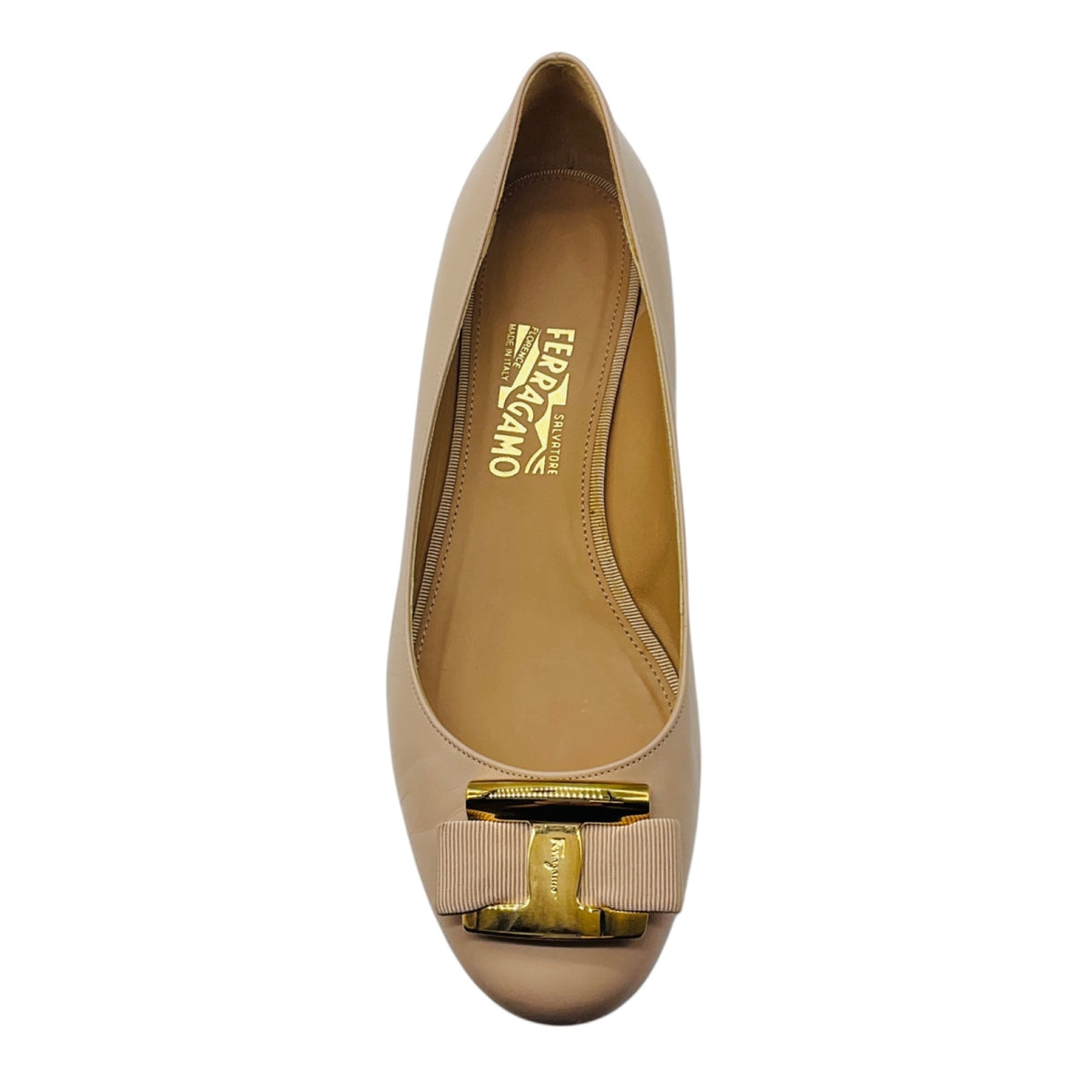 Salvatore Ferragamo Beige / Gold Buckle Leather Ballet Flats with Grosgrain Bow