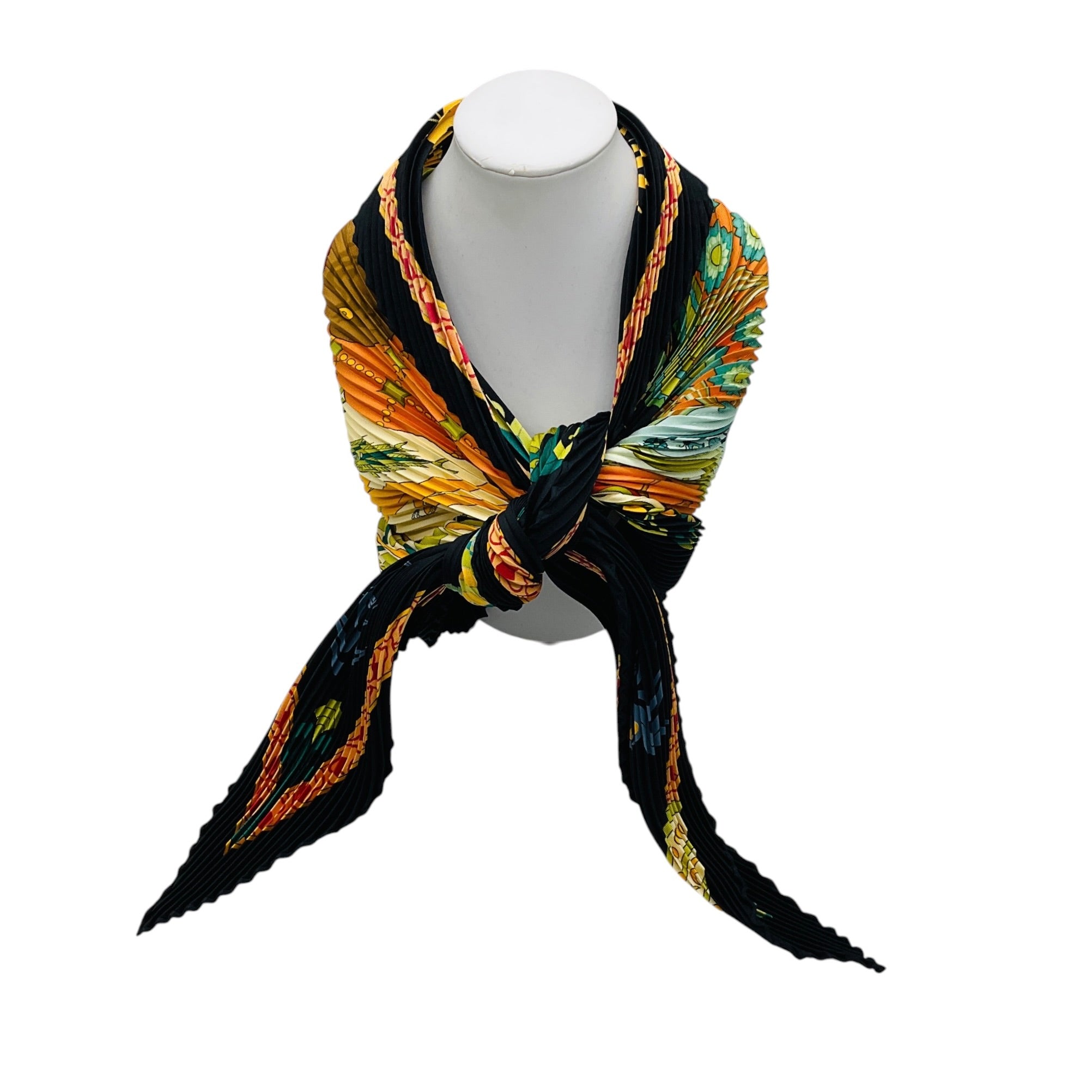Hermes Black Multi Les Printemps de Thera Print Plisse Pleated Silk Twill Scarf